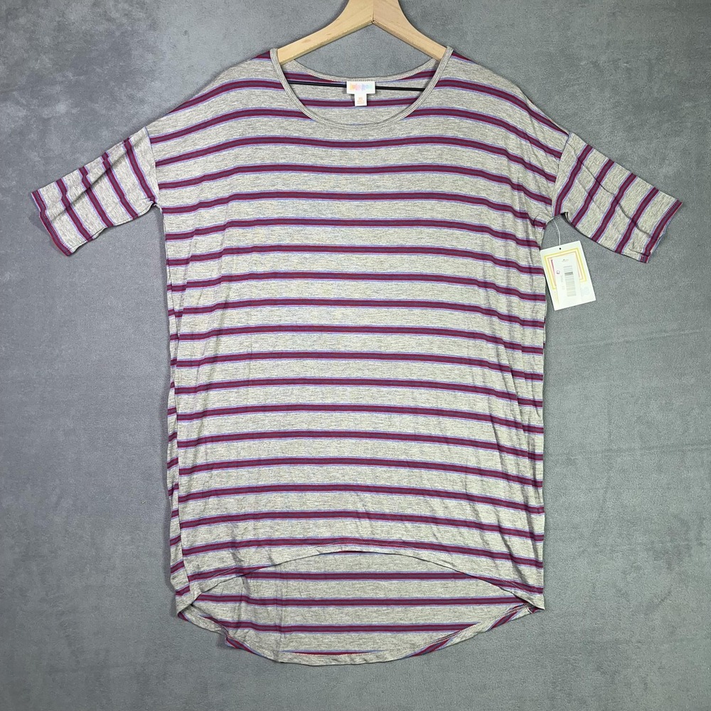 LuLaRoe Irma Tunic Top Womens XS Gray Striped High Low Hem Soft Casual Tee NWT